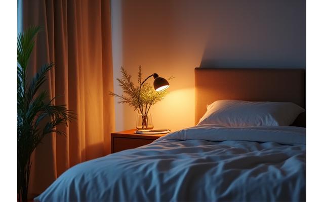 Mirna, tamna spavaća soba bez elektronskih uređaja, sa toplim svetlom lampe.